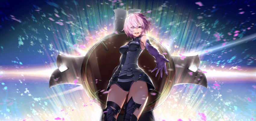 1girl armor armored_dress bangs elbow_gloves essual_(layer_world) fate/grand_order fate_(series) gloves hair_over_one_eye highres holding holding_shield holding_weapon looking_at_viewer mash_kyrielight open_mouth pixiv_fate/grand_order_contest_1 purple_hair reaching_out shield short_hair skirt smile solo violet_eyes weapon