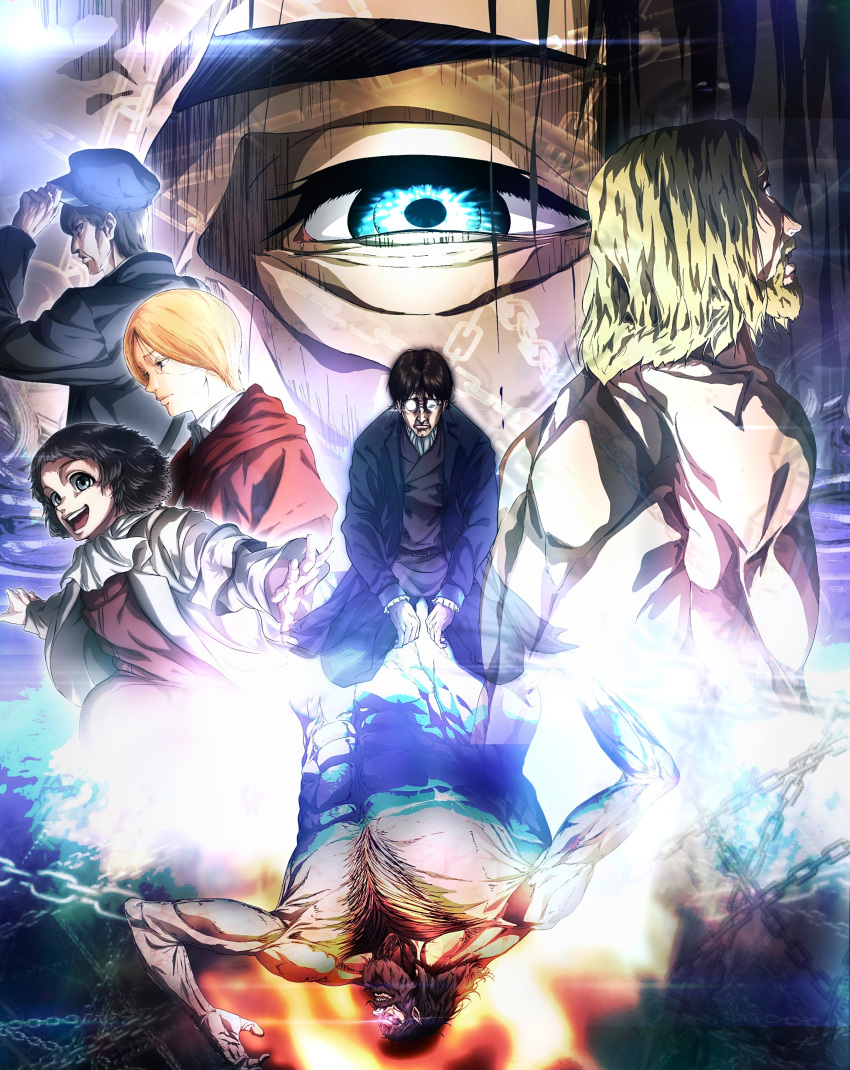 2girls 4boys abs absurdres beard black_hair black_pants blonde_hair brown_hair chain character_request check_character chest_hair coat daisx_(dais0115) dina_fritz eren_kruger eren_yeager eye_focus facial_hair faye_yeager full_body giant giant_male glasses glowing glowing_eyes goatee grisha_yeager highres kneeling large_pectorals long_hair looking_to_the_side monster multiple_boys multiple_girls muscular muscular_male mustache official_style open_clothes open_coat pants pectorals pointy_ears rogue_titan round_eyewear sad scene_reference shingeki_no_kyojin spoilers staring surprised titan_(shingeki_no_kyojin) upper_body violet_eyes white_background zeke_yeager