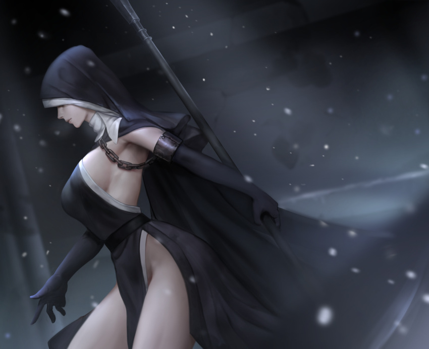 1girl armpits ashes_of_ariandel black_gloves breasts cloak closed_mouth covered_eyes dark_souls_(series) dark_souls_iii from_side gloves habit highres holding holding_scythe kangagi97 large_breasts no_panties nun pelvic_curtain scythe sideboob sister_friede snow solo thighs