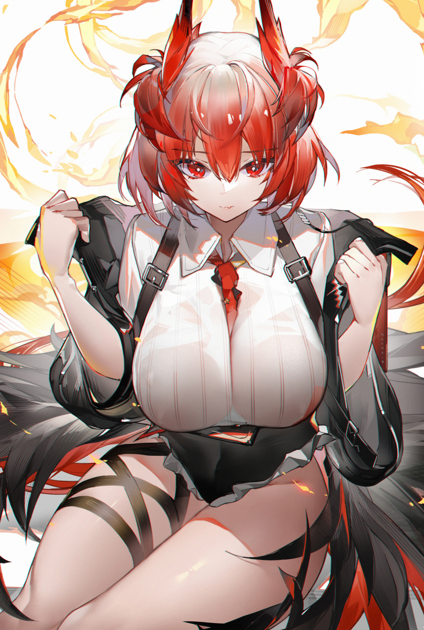1girl absurdres arknights between_breasts black_coat black_skirt breasts bright_pupils coat fiammetta_(arknights) highres looking_at_viewer necktie necktie_between_breasts popped_collar red_eyes red_necktie redhead shirt short_hair skirt solo white_shirt yushi_quetzalli