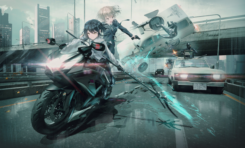 2girls 5others bangs battle black_hair black_legwear city gloves grey_hair ground_vehicle gun highres holding holding_gun holding_weapon motor_vehicle motorcycle multiple_girls multiple_others necktie original outdoors pantyhose pleated_skirt shirt short_hair skirt suit_jacket swav weapon white_shirt yellow_eyes