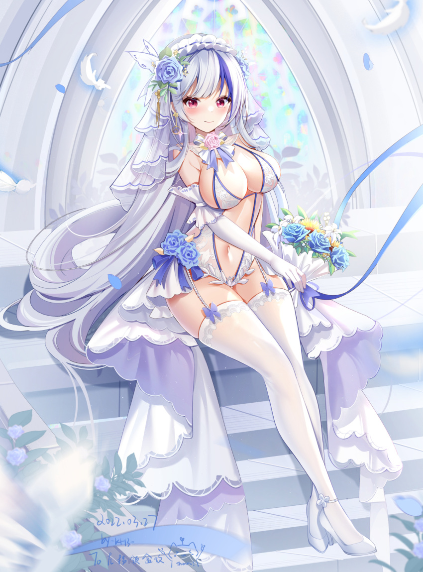 1girl blue_flower blue_hair blue_rose bouquet bow breasts bride character_request closed_mouth copyright_request dated elbow_gloves feathers flower full_body gloves hair_flower hair_ornament hairband high_heels highres holding holding_bouquet large_breasts leotard lily_(flower) long_hair looking_at_viewer miaogujun multicolored_hair navel pink_flower pink_rose red_eyes revealing_clothes rose signature sitting smile solo stairs streaked_hair thigh-highs two-tone_hair white_footwear white_gloves white_hair white_legwear