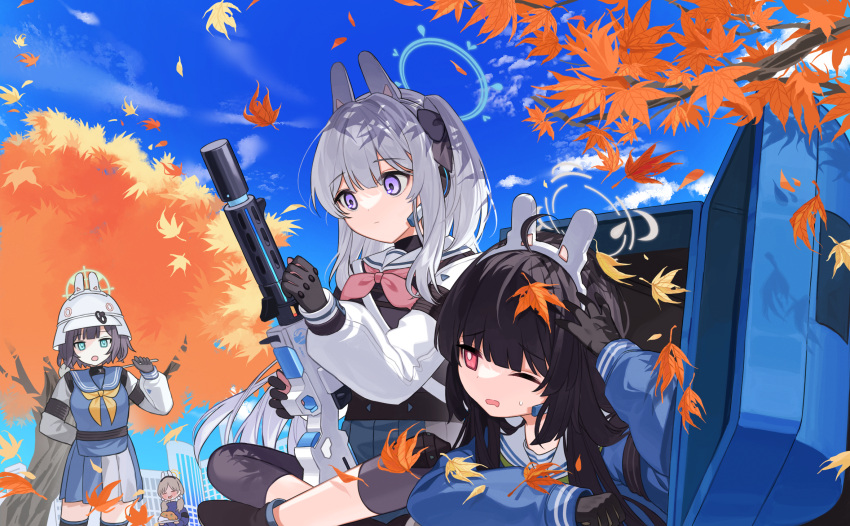 4girls ahoge animal_ears black_gloves black_hair blue_archive blue_hair blue_serafuku blue_skirt blue_sky body_armor brown_hair building closed_eyes clouds cloudy_sky eyebrows_visible_through_hair gloves green_eyes gun hair_between_eyes halo headphones helmet highres leaf long_hair low_twintails lying miyako_(blue_archive) miyu_(blue_archive) moe_(blue_archive) multiple_girls on_stomach open_mouth outdoors rabbit_ears red_eyes saki_(blue_archive) school_uniform serafuku short_hair side_ponytail silver_hair sitting skirt sky standing tiko_(idadsa91) trash_bag tree twintails vest violet_eyes weapon