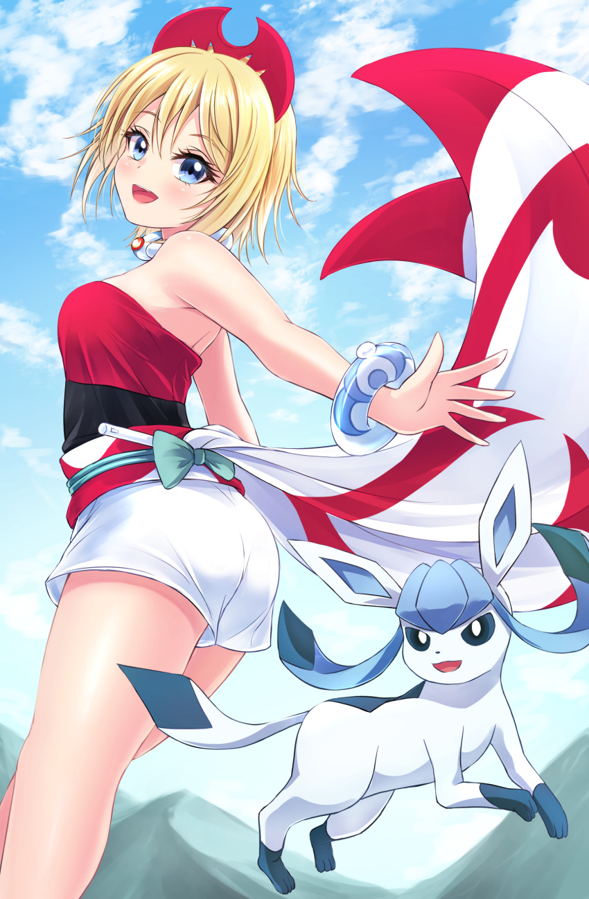 1girl :d absurdres akirappy bangs blonde_hair blue_eyes clouds collar commentary_request day eyelashes flute glaceon hair_between_eyes hairband highres instrument irida_(pokemon) looking_at_viewer open_mouth outdoors pokemon pokemon_(creature) pokemon_(game) pokemon_legends:_arceus red_hairband red_shirt sash shiny shiny_skin shirt short_hair shorts sky smile tongue waist_cape white_shorts