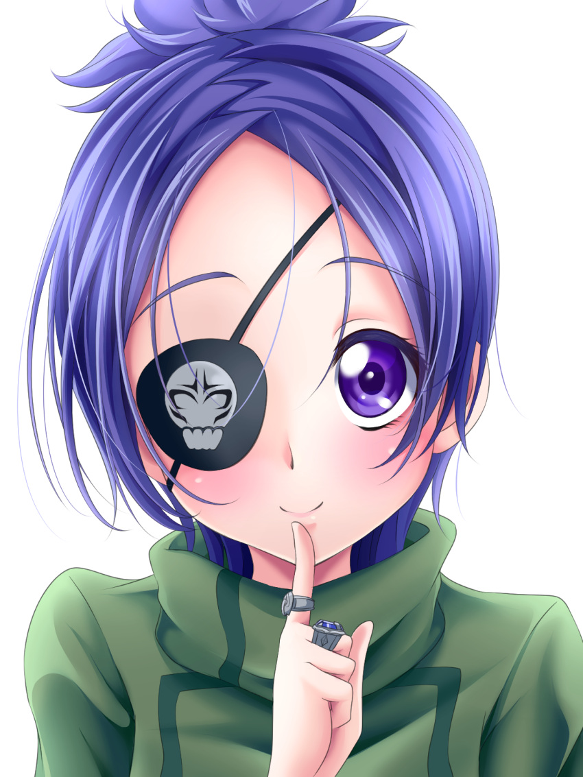 1girl chrome_dokuro closed_mouth eyepatch finger_to_mouth highres jewelry katekyo_hitman_reborn looking_at_viewer purple_hair ring s-operator school_uniform short_hair simple_background smile solo violet_eyes white_background