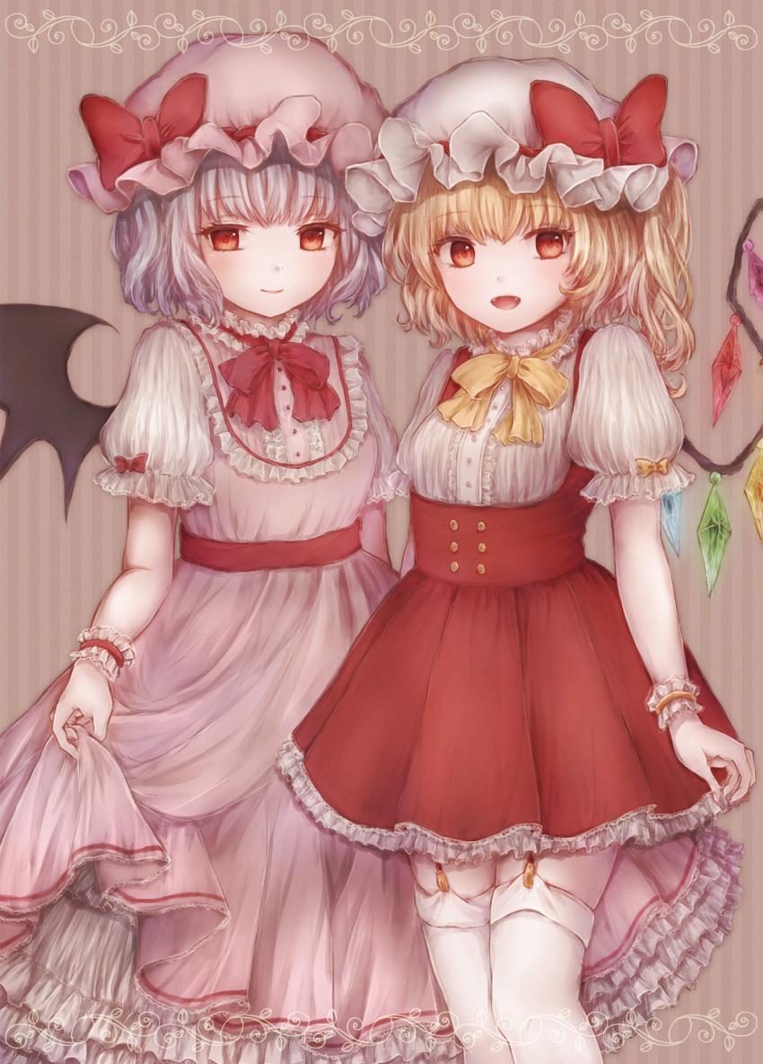 2girls :d adapted_costume bat_wings bebitera blonde_hair bow bowtie center_frills closed_mouth commentary crystal dress eyebrows_visible_through_hair fangs flandre_scarlet frilled_sleeves frills garter_straps grey_background hat hat_ribbon highres light_purple_hair long_dress looking_at_viewer mob_cap multiple_girls neck_ribbon one_side_up open_mouth orange_bow orange_bowtie petticoat pinafore_dress pink_dress puffy_short_sleeves puffy_sleeves red_bow red_bowtie red_dress red_eyes red_ribbon remilia_scarlet ribbon short_dress short_hair short_sleeves siblings simple_background sisters skirt_hold smile standing striped striped_background thigh-highs touhou underbust vertical_stripes white_legwear wings wrist_cuffs