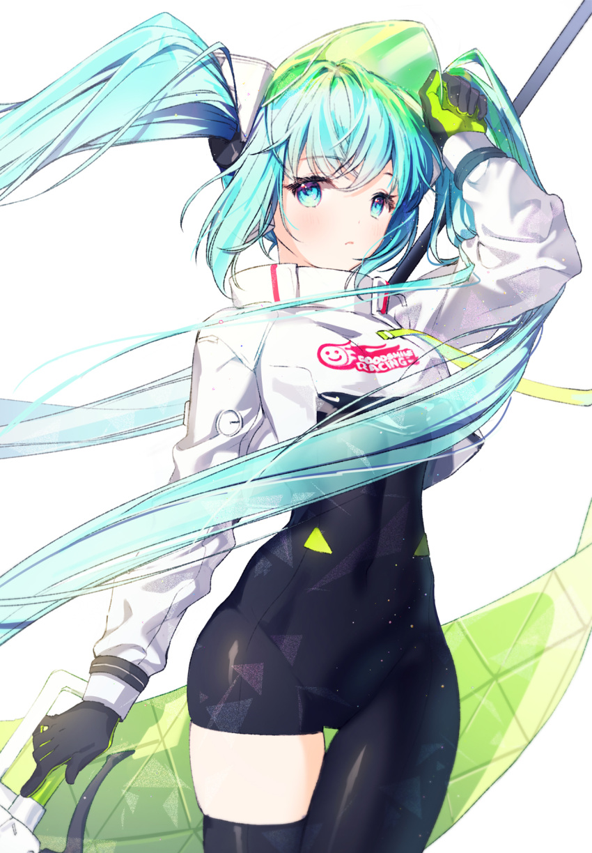1girl arm_up asymmetrical_bodysuit black_bodysuit black_gloves black_legwear blue_eyes blue_hair bodysuit breasts closed_mouth commentary cropped_jacket english_commentary floating_hair gloves green_gloves hatsune_miku highres jacket long_hair long_sleeves looking_at_viewer medium_breasts multicolored_hair racing_miku_(2022) rumi_(rarumi11) see-through sidelocks simple_background single_thighhigh solo streaked_hair thigh-highs twintails very_long_hair vocaloid white_background white_jacket