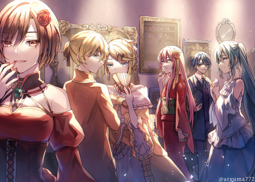 2boys 4girls allen_avadonia aqua_eyes aqua_hair aryuma772 banica_conchita bare_shoulders blonde_hair blue_eyes blue_hair blue_vest bottle bow brown_eyes brown_hair chin_stroking choker clothing_cutout covering_mouth detached_sleeves dress dress_bow dress_flower earrings evillious_nendaiki fingers_to_mouth flower frilled_dress frilled_sleeves frills gallerian_marlon green_sash hair_bow hair_flower hair_ornament hair_stick hairclip hand_fan hand_on_own_chin hatsune_miku highres holding holding_bottle holding_fan jacket japanese_clothes jewelry judge kagamine_len kagamine_rin kaito_(vocaloid) kanzashi kimono light_particles long_hair looking_at_viewer looking_back looking_to_the_side margarita_blankenheim megurine_luka meiko multiple_boys multiple_girls obi open_mouth orange_jacket painting petticoat photo_(object) picture_frame pink_hair portrait_(object) project_sekai red_dress red_flower red_kimono red_nails red_rose riliane_lucifen_d'autriche rose sash see-through_silhouette short_hair short_ponytail shoulder_cutout sideways_glance smile sudou_kayo twintails twitter_username updo very_long_hair vest vocaloid white_dress white_flower white_rose wide_sleeves yellow_dress yellow_flower yellow_rose