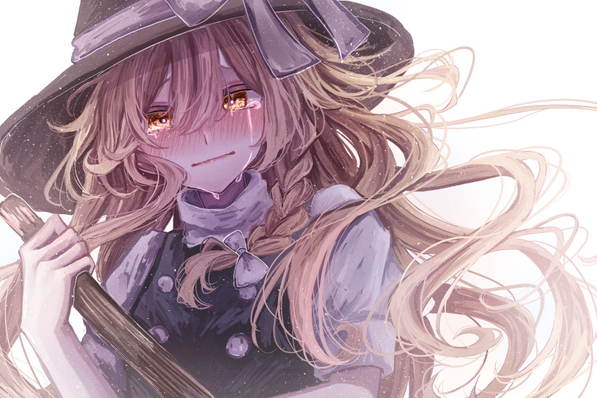 1girl annin_cha blonde_hair bloom blush bow braid broom crying crying_with_eyes_open eyebrows_behind_hair gloves hair_between_eyes hat highres holding holding_broom kirisame_marisa long_hair looking_at_viewer short_sleeves simple_background solo tears touhou upper_body white_background witch_hat yellow_eyes