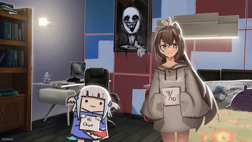 2girls 3d_background anonamos bangs bare_legs bed bed_sheet book bookshelf brown_eyes brown_hair chair computer dakimakura_(object) desk feather_hair_ornament feathers fish_tail gawr_gura hair_ornament highres holding holding_sign hololive hololive_english hood hoodie light long_hair looking_at_viewer multicolored_hair multiple_girls nanashi_mumei nanashi_mumei's_horror_painting office_chair ouro_kronii oversized_clothes pillow ponytail shark_tail short_twintails sign smile smol_gura streaked_hair stream stuffed_toy tail tako_(ninomae_ina'nis) twintails very_long_hair virtual_youtuber white_hair wooden_floor