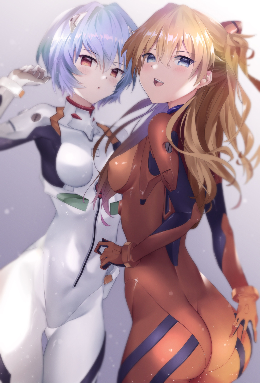 1girl 2girls @shun absurdres ass ayanami_rei bangs blue_hair bodysuit breasts commentary_request gloves gradient gradient_background hair_ornament highres interface_headset long_hair long_sleeves looking_at_viewer medium_breasts multiple_girls neon_genesis_evangelion open_mouth orange_hair plugsuit red_bodysuit red_eyes shiny shiny_hair short_hair simple_background skin_tight smile souryuu_asuka_langley tied_hair turtleneck white_bodysuit