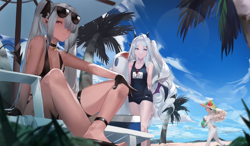 3girls beach beach_chair beach_umbrella bikini black_bikini blazpu blue_archive bracelet choker cooler dark-skinned_female dark_skin demon_horns demon_wings feet food fruit hat hina_(blue_archive) horns iori_(blue_archive) izumi_(blue_archive) jewelry long_hair multiple_girls ocean old_school_swimsuit palm_tree red_eyes sandals school_swimsuit silver_hair sky straw_hat swimsuit thighs toes tree twintails umbrella very_long_hair violet_eyes watermelon wings