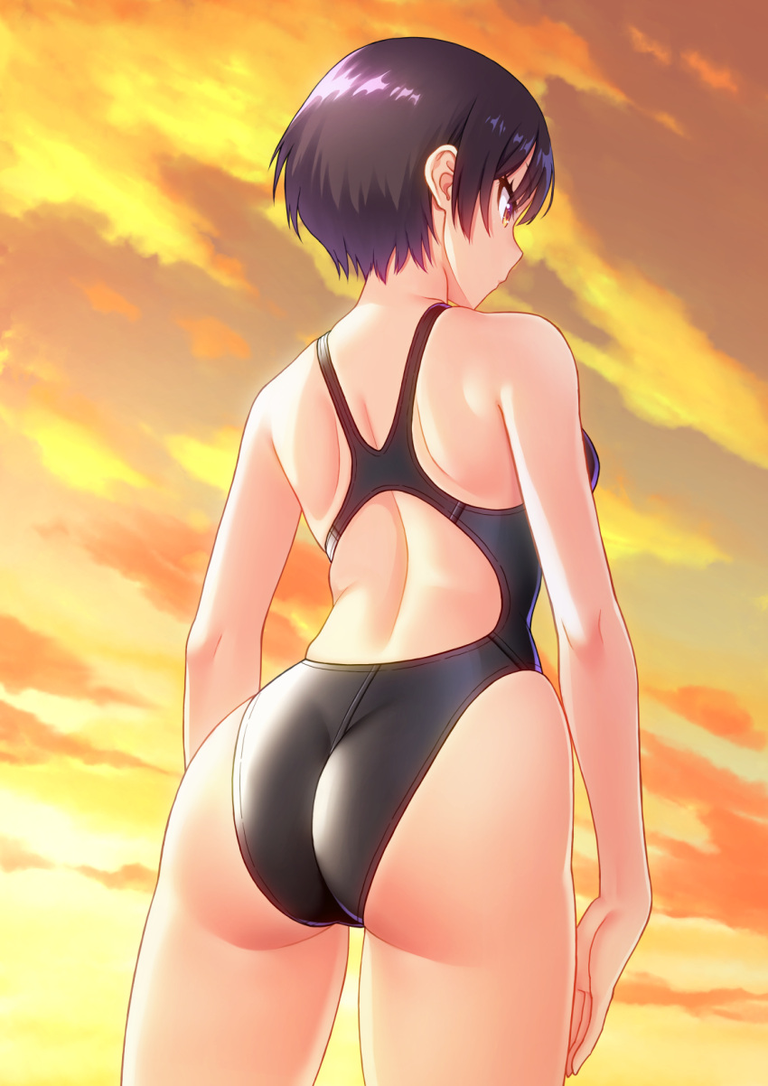 1girl ass black_hair black_swimsuit brown_eyes clouds commentary_request competition_swimsuit cowboy_shot from_below highres kuri_(kurigohan) one-piece_swimsuit orange_sky original short_hair sky solo standing sunset swimsuit