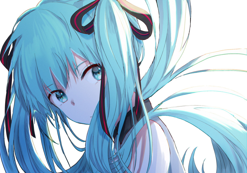 1girl bangs black_ribbon blue_eyes blue_hair closed_mouth floating_hair from_side hair_ribbon hatsune_miku highres long_hair looking_at_viewer portrait ribbon simple_background solo twintails very_long_hair vocaloid white_background y6m9e_kasabuta