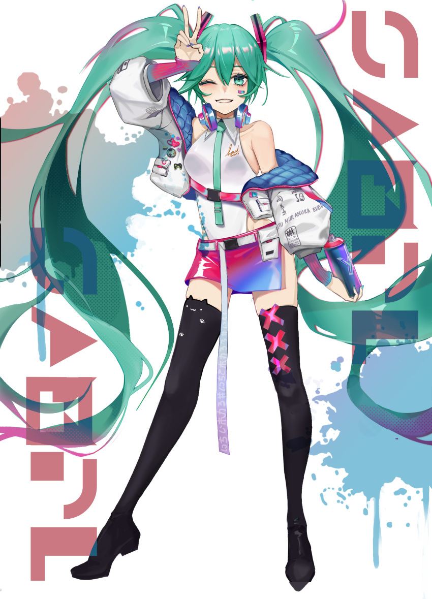 1girl absurdres aqua_hair aqua_necktie aquarzaaa arm_up black_footwear blue_nails boots collarbone collared_leotard contrapposto floating_hair full_body green_eyes grin hair_between_eyes hair_ornament hatsune_miku headphones headphones_around_neck highres holding leotard long_hair looking_at_viewer miniskirt nail_polish necktie one_eye_closed pencil_skirt red_skirt shiny shiny_hair side_slit skirt smile solo standing thigh-highs thigh_boots twintails v very_long_hair vocaloid white_leotard wing_collar