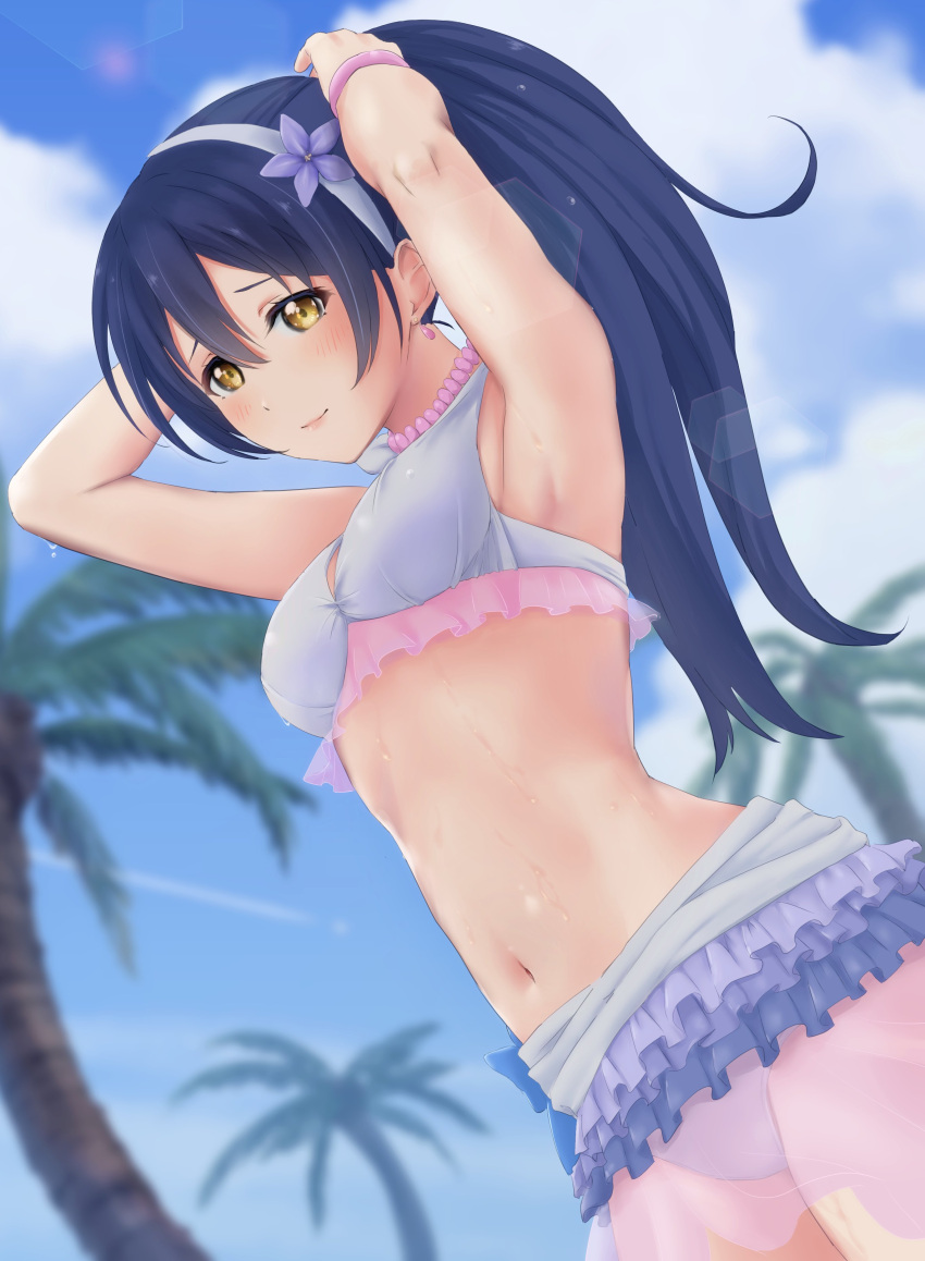 1girl absurdres adjusting_hair armpits arms_behind_head arms_up bangle bangs bikini bikini_skirt blue_hair blush bracelet commentary_request cowboy_shot day dutch_angle flower frilled_bikini frills hands_in_hair hibiscus highres jewelry kimikagem9_(erementargerad) long_hair looking_at_viewer love_live! love_live!_school_idol_project natsuiro_egao_de_1_2_jump! navel outdoors smile solo sonoda_umi swept_bangs swimsuit tying_hair wet yellow_eyes