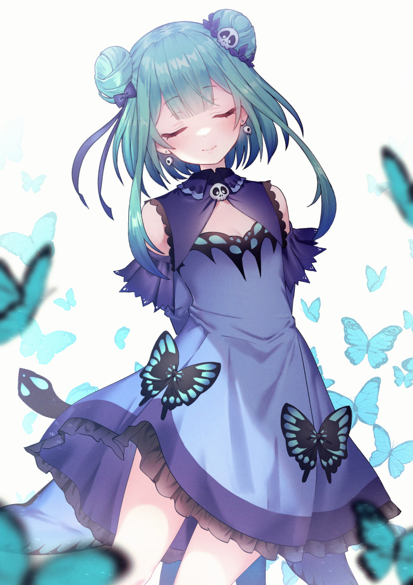1girl arms_behind_back bangs blue_butterfly blue_dress blue_hair blue_ribbon blush bug butterfly closed_eyes closed_mouth double_bun dress earrings eyebrows_visible_through_hair facing_viewer frilled_dress frills green_hair hair_ornament highres hololive jewelry long_hair multicolored_hair ribbon skull_earrings skull_hair_ornament smile solo streaked_hair tauta_(meshia8787) uruha_rushia virtual_youtuber
