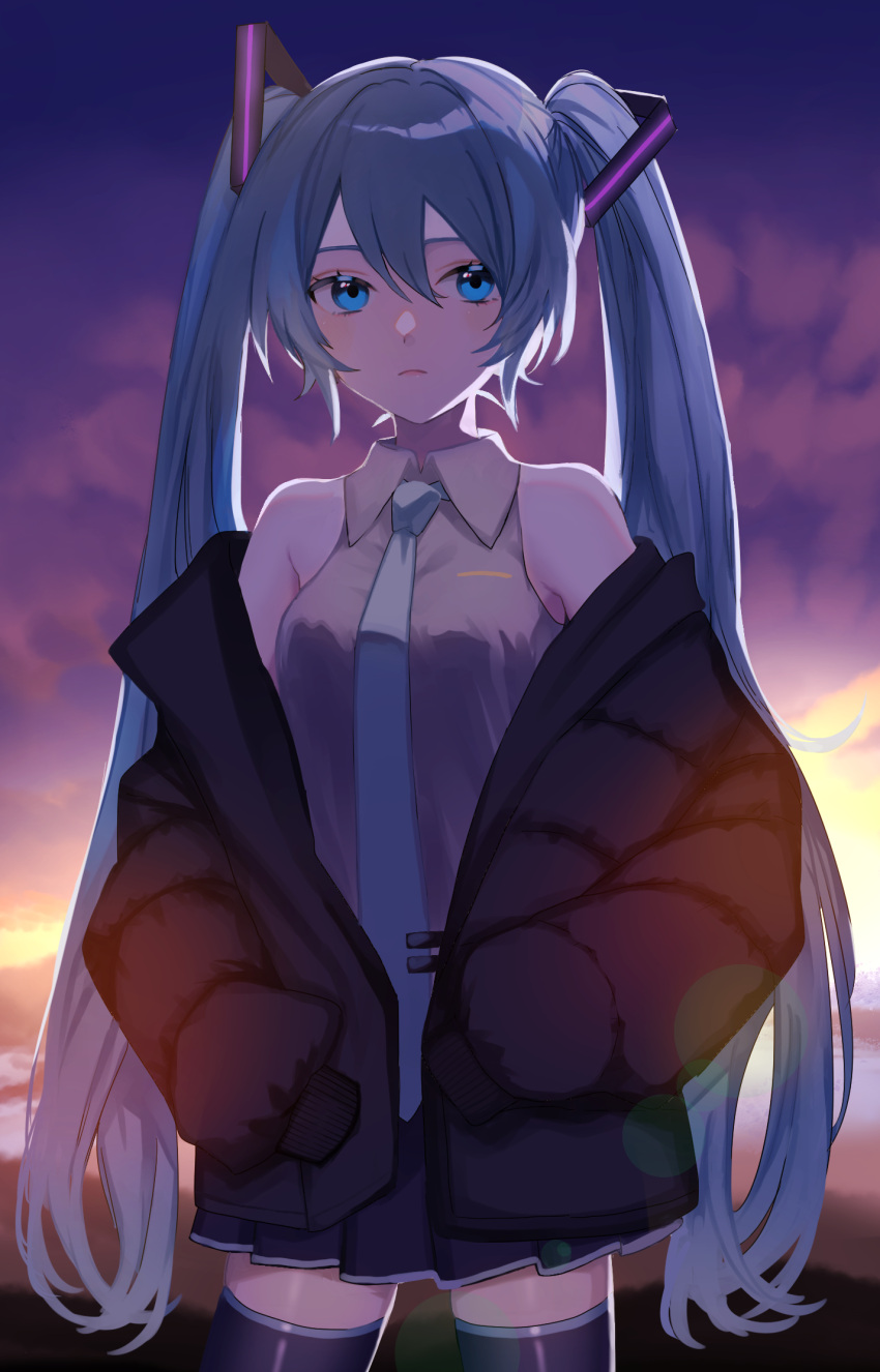 1girl backlighting bangs black_coat black_legwear black_skirt blue_eyes blue_hair blue_necktie closed_mouth coat collared_shirt cowboy_shot dusk frown grey_shirt hair_between_eyes hair_ornament hatsune_miku highres lens_flare long_hair looking_at_viewer miniskirt necktie off_shoulder open_clothes open_coat outdoors p2_(uxjzz) pleated_skirt shiny shiny_clothes shiny_hair shiny_legwear shirt skirt sleeveless sleeveless_shirt sleeves_past_fingers sleeves_past_wrists solo standing thigh-highs twintails very_long_hair vocaloid wing_collar zettai_ryouiki