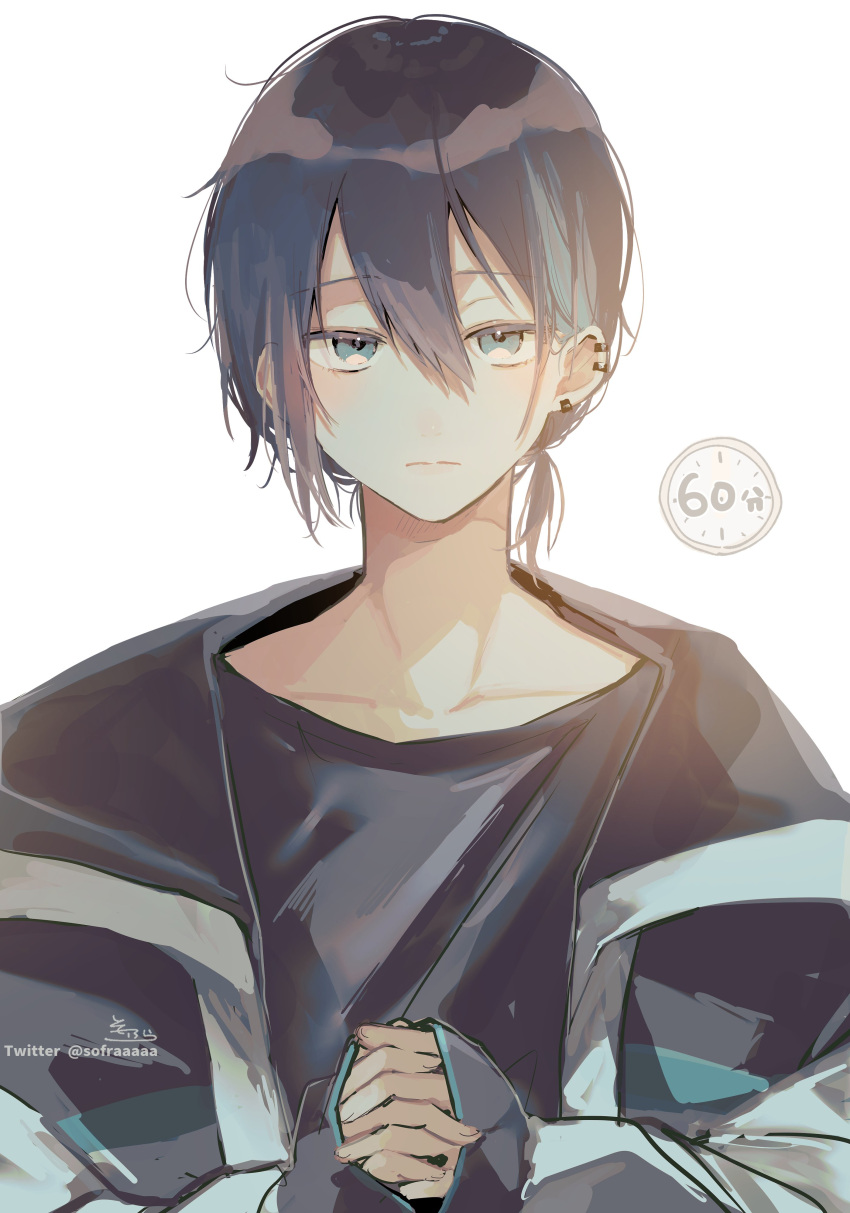1boy absurdres bangs black_hair black_shirt blue_eyes closed_mouth collarbone commentary_request ear_piercing earrings eyebrows_visible_through_hair hair_between_eyes highres interlocked_fingers jacket jewelry looking_at_viewer low_ponytail male_focus mayuzumi_kai nijisanji one-hour_drawing_challenge open_clothes open_jacket own_hands_together piercing shirt simple_background sofra solo upper_body virtual_youtuber white_background white_jacket