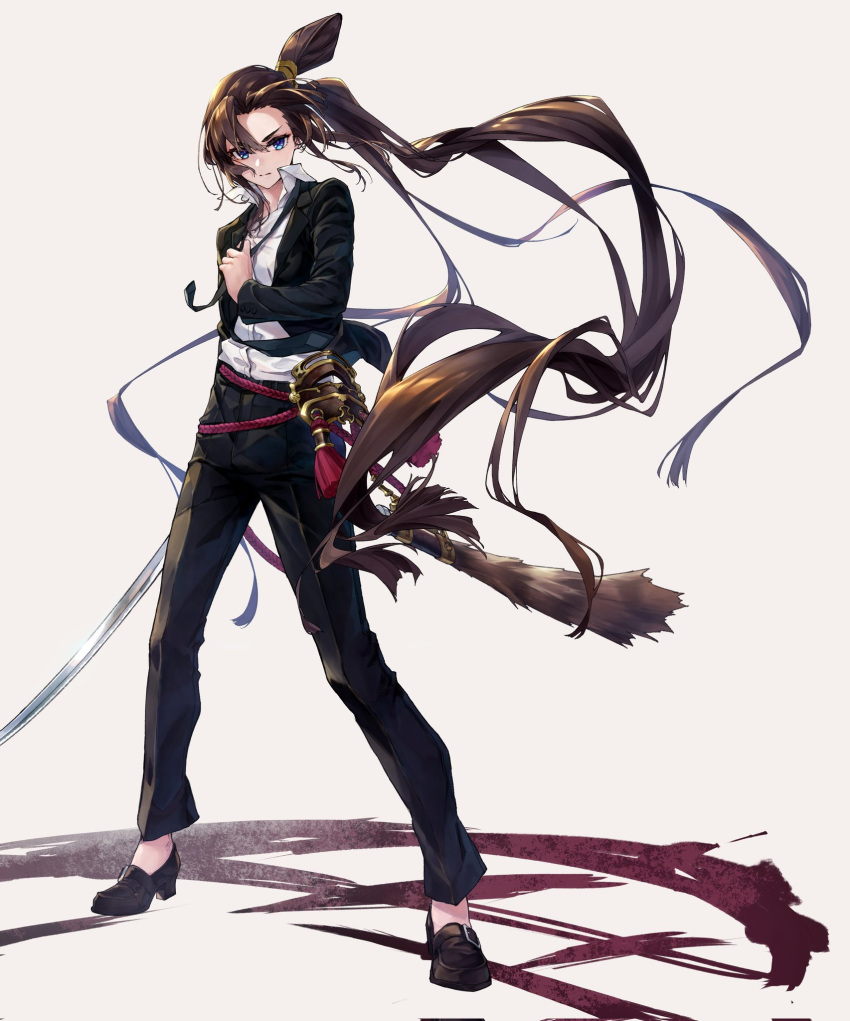1girl alternate_costume black_hair black_necktie black_pants blue_eyes closed_mouth collared_shirt commentary contemporary fate/grand_order fate_(series) floating_hair formal full_body hair_bun highres holding holding_sword holding_weapon katana long_hair long_sleeves looking_at_viewer necktie pants removing_neckwear serious shadow sheath shirt side_ponytail simple_background solo suit sword tachibana_komoro ushiwakamaru_(fate) very_long_hair weapon white_background white_shirt