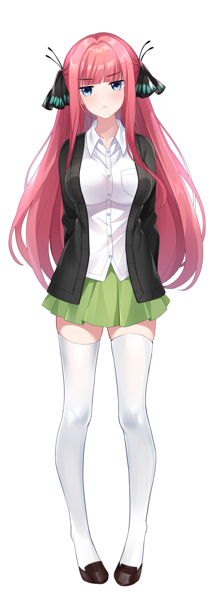 1girl absurdres arms_behind_back bangs black_footwear black_jacket blue_eyes blunt_bangs blush breasts closed_mouth collarbone collared_shirt dress_shirt eyebrows_visible_through_hair frown full_body go-toubun_no_hanayome gou_lianlian_dogface green_skirt hair_ornament highres jacket long_hair long_sleeves medium_breasts miniskirt nakano_nino open_clothes open_jacket pink_hair pleated_skirt pumps shiny shiny_hair shirt simple_background skirt solo standing thigh-highs very_long_hair white_background white_legwear white_shirt wing_collar zettai_ryouiki