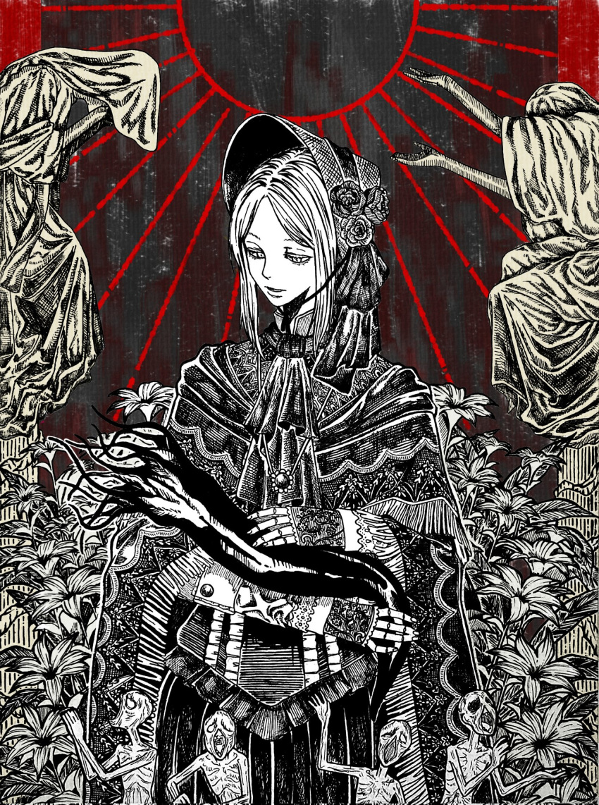 1girl bloodborne bonnet cape doll_joints flower highres holding hunter_(great_one)_(bloodborne) joints looking_down parted_lips plain_doll rovercl smile solo_focus spoilers zombie