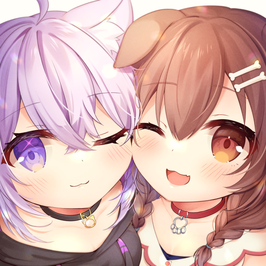 2girls ;3 ;d ahoge animal_ear_fluff animal_ears bangs black_hoodie blush bone_hair_ornament breasts brown_eyes brown_hair cartoon_bone cat_ears closed_mouth collar collarbone commentary_request dog_ears drawstring dress eyebrows_visible_through_hair fang hair_between_eyes hair_ornament highres hololive hood hood_down hoodie inugami_korone looking_at_viewer medium_breasts multiple_girls nekomata_okayu one_eye_closed red_collar simple_background smile upper_body violet_eyes virtual_youtuber white_background white_dress yukiyuki_441