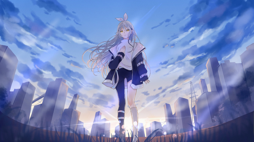 1girl absurdres asymmetrical_legwear bangs building clouds cloudy_sky grass highres jacket kumagai_yuka long_hair long_sleeves looking_at_viewer official_art open_clothes open_jacket outdoors pants qualia_qu re:act second-party_source sky skyscraper solo uneven_legwear virtual_youtuber white_hair yellow_eyes