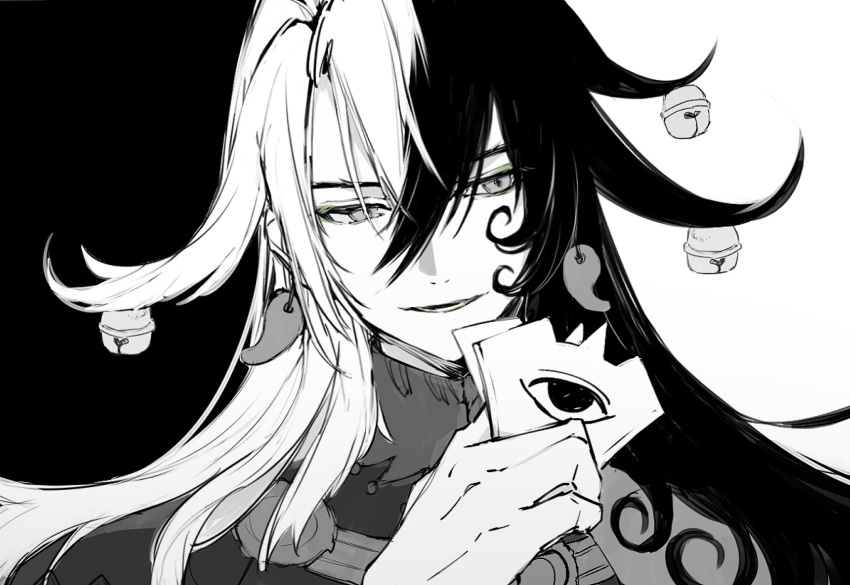 1boy ashiya_douman_(fate) asymmetrical_hair bangs bell black_eyes black_hair commentary curly_hair earrings face fate/grand_order fate_(series) hair_bell hair_between_eyes hair_intakes hair_ornament highres holding jewelry long_hair looking_away magatama magatama_earrings male_focus monochrome multicolored_hair nozz177 onmyouji simple_background smile solo toned toned_male two-tone_hair upper_body very_long_hair white_hair