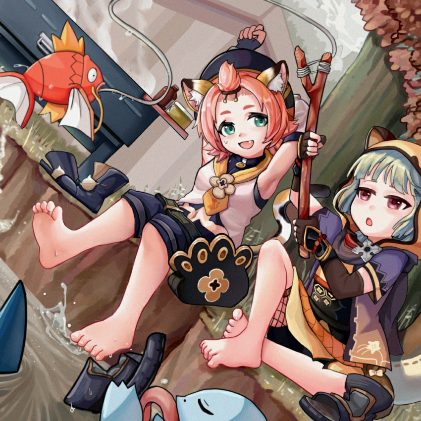 2girls :d :o animal_ears animal_hood arm_behind_head armpits arms_up bangs_pinned_back barefoot black_gloves black_shorts breasts cat_ears cat_girl cat_tail commentary_request crossover detached_sleeves diona_(genshin_impact) dutch_angle fake_animal_ears fang fingerless_gloves fishnets genshin_impact gloves green_eyes grey_hair hehehe_(hakwy) holding holding_clothes holding_footwear hood hood_up licking long_sleeves magikarp multiple_girls pink_hair pokemon pokemon_(creature) sayu_(genshin_impact) shark_fin shirt short_eyebrows short_sleeves shorts sitting sleeveless sleeveless_shirt small_breasts smile squirtle sweat tail thick_eyebrows toeless_footwear violet_eyes wet white_shirt white_sleeves