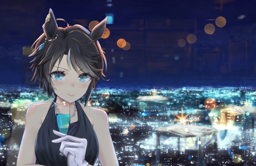 1girl animal_ears aqua_eyes bare_shoulders black_dress black_hair blurry blush bokeh champagne_flute city_lights closed_mouth commentary_request cup depth_of_field dolbydig dress drinking_glass fuji_kiseki_(umamusume) glint gloves halterneck horse_ears jewelry lips looking_at_viewer necklace night short_hair sleeveless sleeveless_dress smile solo umamusume upper_body white_gloves window