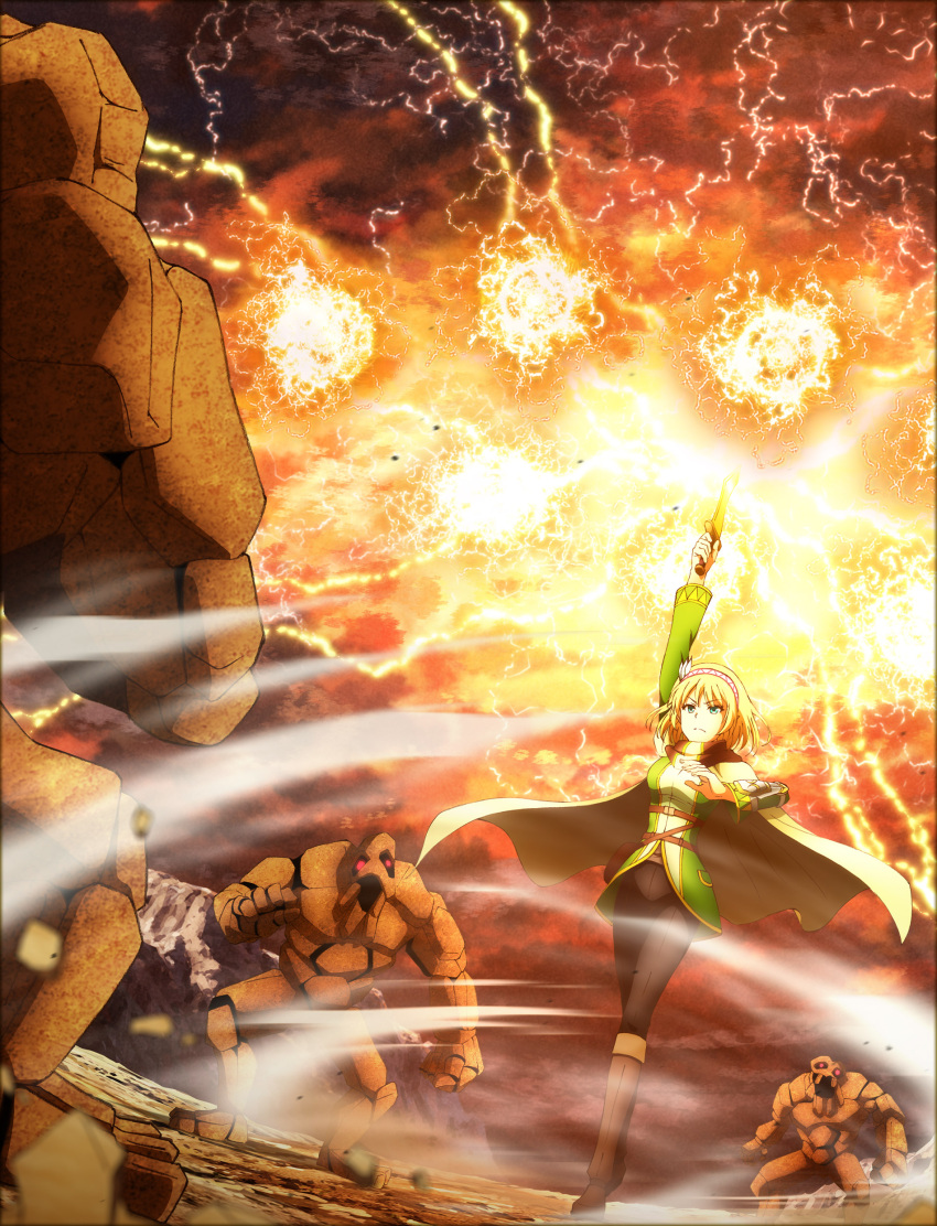 1girl absurdres arm_up blonde_hair blue_eyes boots cape cayna_(leadale_no_daichi_nite) dagger fighting golem highres holding holding_dagger holding_weapon key_visual knee_boots knife leadale_no_daichi_nite lightning magic monster official_art promotional_art red_sky rock sky weapon wind