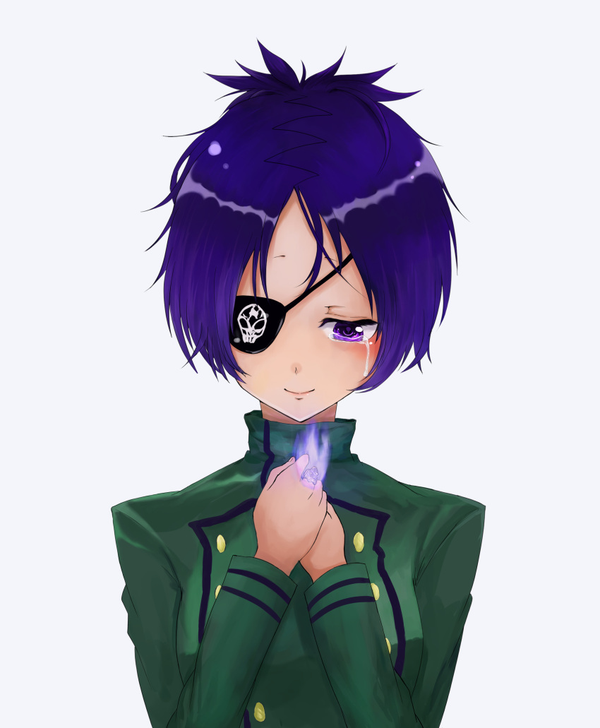 1girl absurdres breasts chrome_dokuro closed_mouth crying crying_with_eyes_open eyepatch highres jewelry katekyo_hitman_reborn orange_wild purple_hair ring school_uniform short_hair simple_background smile solo tears violet_eyes