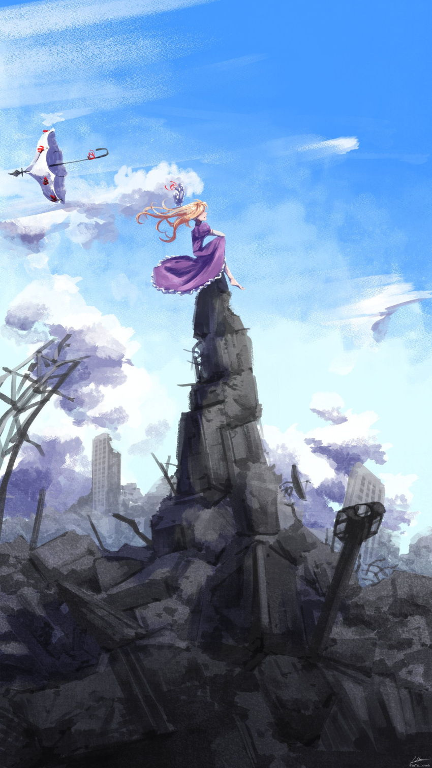 1girl absurdres barefoot blonde_hair building city clouds cloudy_sky covered_eyes dd_tachibana destruction dress elbow_gloves frilled_dress frills gloves hat hat_ribbon highres knee_up long_hair mob_cap parasol pillow_hat puffy_short_sleeves puffy_sleeves purple_dress ribbon rubble scenery short_sleeves sitting sky solo touhou umbrella wind yakumo_yukari