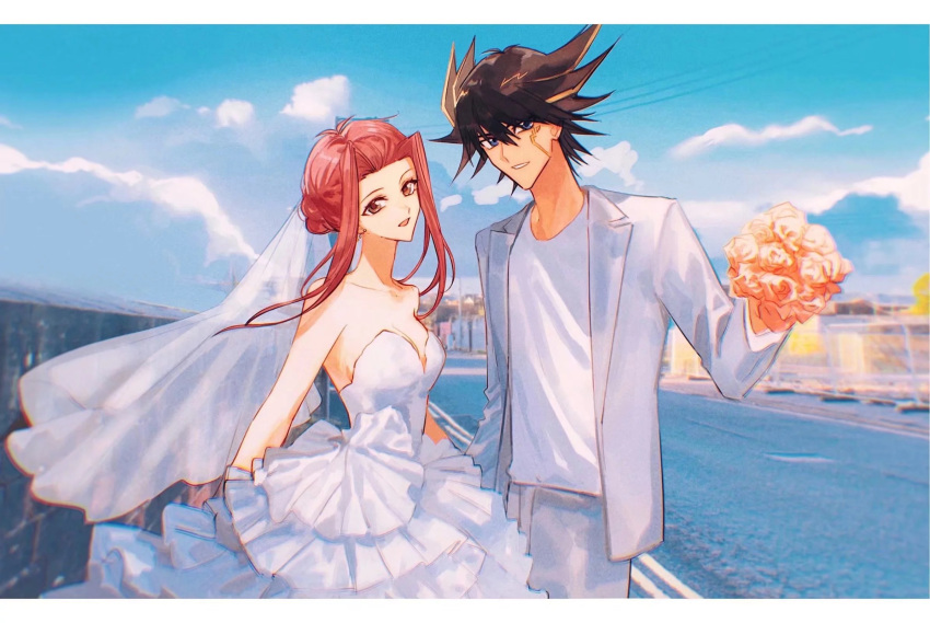 1boy 1girl :d black_hair blazer blonde_hair blue_eyes blue_sky border bouquet brown_eyes clouds collarbone couple day dress facial_mark floating_hair flower fudou_yuusei hair_intakes hetero highres holding holding_bouquet husband_and_wife izayoi_aki jacket layered_dress letterboxed long_dress long_hair long_sleeves looking_at_viewer multicolored_hair naoki_(2rzmcaizerails6) open_clothes open_jacket open_mouth outdoors parted_lips redhead rose shirt short_hair_with_long_locks sky smile spiky_hair strapless strapless_dress two-tone_hair veil wedding_dress white_border white_dress white_jacket white_shirt yu-gi-oh! yu-gi-oh!_5d's