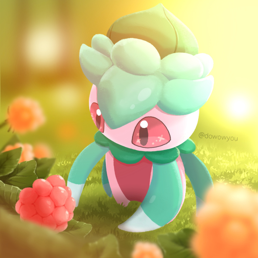 berry blurry commentary_request day flower fomantis grass highres korean_commentary looking_down no_humans orange_flower outdoors pink_eyes pokemon pokemon_(creature) solo standing wowyou