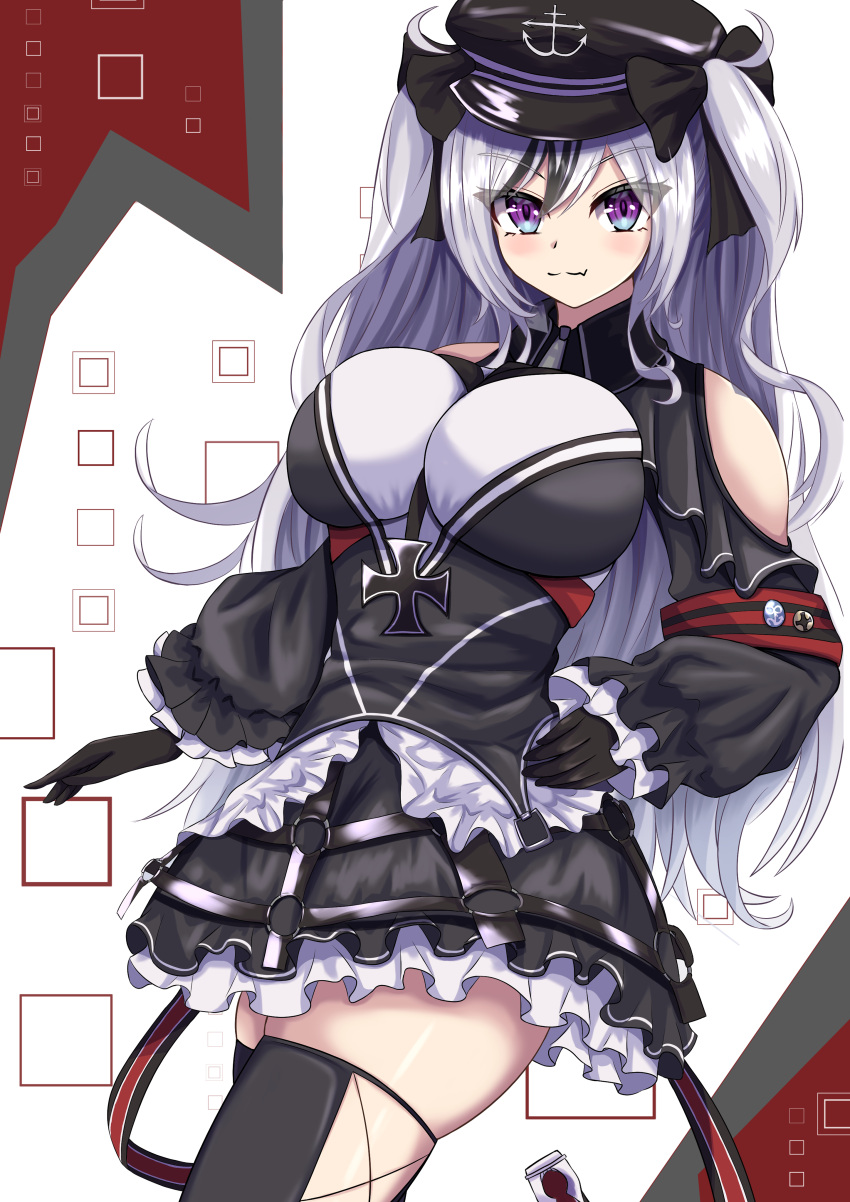 1girl absurdres azur_lane bare_shoulders black_dress black_gloves black_hair black_headwear black_ribbon blue_eyes breasts clothing_cutout cross dress elbe_(azur_lane) eyes_visible_through_hair frilled_dress frills gloves gradient_eyes hair_ribbon hat highres iron_cross large_breasts layered_dress looking_at_viewer maruitouboku multicolored_eyes multicolored_hair peaked_cap red_armband ribbon shoulder_cutout silver_hair simple_background solo streaked_hair thigh-highs two-tone_hair violet_eyes white_background white_dress