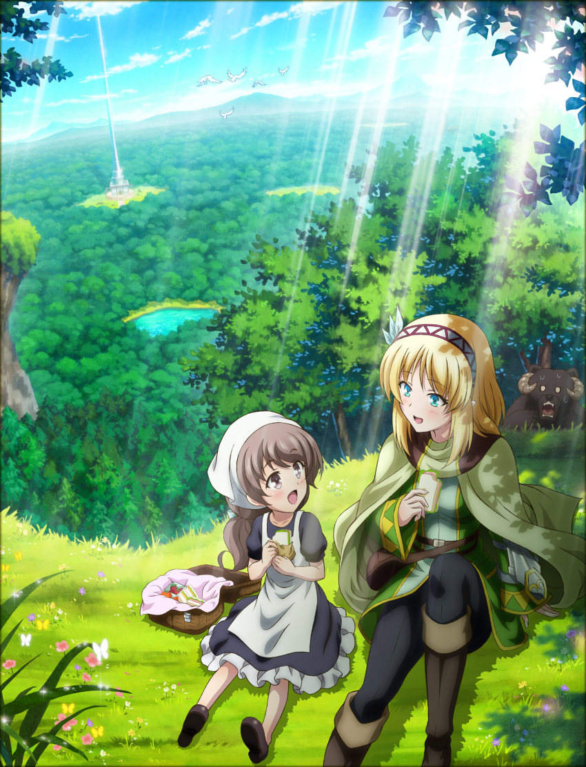 2girls absurdres basket bear bird blonde_hair blue_eyes blush breasts brown_eyes brown_hair bug butterfly cape cayna_(leadale_no_daichi_nite) clouds collarbone dappled_sunlight eating eyebrows_visible_through_hair flower food forest grass hairband highres horns key_visual lake leadale_no_daichi_nite long_hair looking_at_another lytt_(leadale_no_daichi_nite) medium_breasts mountainous_horizon multiple_girls nature official_art on_ground open_mouth promotional_art sandwiched shade shadow short_hair sitting sunlight sweat sweating_profusely tower tree