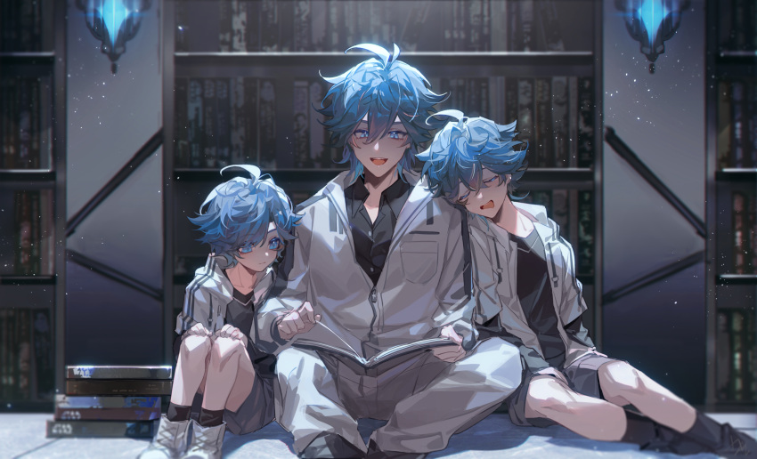 3boys ahoge bangs black_legwear black_shirt blue_eyes blue_hair book bookshelf breast_pocket brothers buttons child chinese_commentary clip_studio_paint_(medium) closed_eyes closed_mouth collared_shirt commentary_request drawstring grey_footwear grey_shorts hair_between_eyes hands_on_own_knees head_on_another's_shoulder highres holding holding_book indoors jacket knees_up leaning_on_person long_sleeves male_focus multiple_boys open_book open_mouth original partially_unzipped pocket reading shirt shoes short_hair shorts siblings sitting sleeping sleeping_on_person sleeping_upright smile socks white_jacket yusa_(yusa0751)
