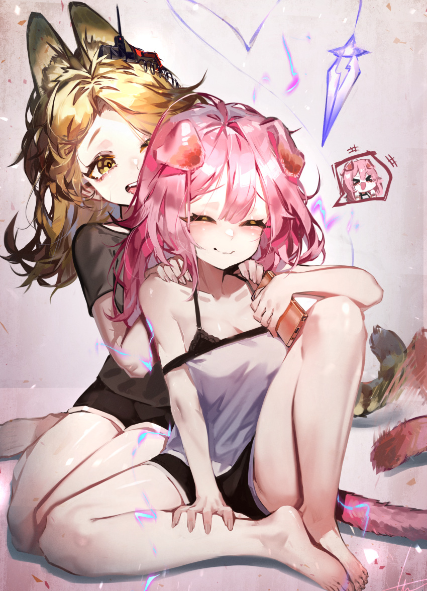 &gt;_&lt; +++ 2girls :d ^_^ absurdres animal_ears arknights bangs bare_arms bare_shoulders barefoot black_shorts blonde_hair brown_eyes camisole cat_ears cat_girl cat_tail closed_eyes closed_mouth commentary_request eyebrows_visible_through_hair goldenglow_(arknights) highres knee_up libiadan long_hair multiple_girls parted_bangs pink_hair quercus_(arknights) short_shorts shorts sitting smile tail white_camisole xd