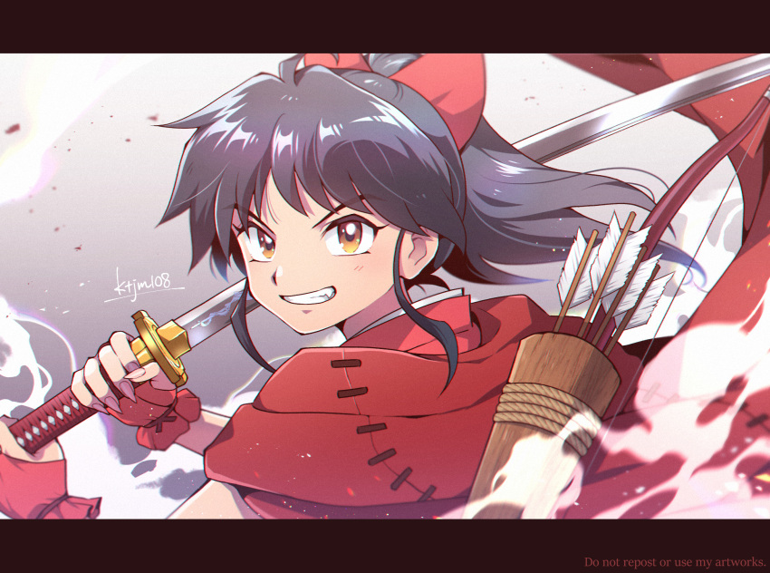 1girl arrow_(symbol) artist_name bangs black_hair bow bow_(weapon) bowtie brown_eyes cloak commentary_request fang fingerless_gloves fingernails from_side gloves grin hair_bow han'you_no_yashahime highres holding holding_sword holding_weapon hood hood_down hooded_cloak inuyasha japanese_clothes katana kdc_(tamaco333) letterboxed long_hair looking_at_viewer moroha ponytail quiver red_bow red_bowtie red_cloak red_gloves sharp_fingernails signature smile smoke solo sword v-shaped_eyebrows weapon