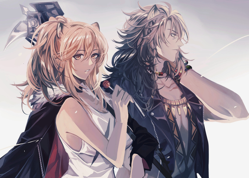 2girls absurdres animal_ears arknights bangs bare_arms bare_shoulders black_jacket blonde_hair braid commentary_request crossover eyebrows_visible_through_hair fur-trimmed_jacket fur_trim grey_background grey_hair hair_between_eyes hammer highres jacket leona_kingscholar lion_ears long_hair looking_at_viewer mahimeko multiple_girls open_clothes open_jacket parted_lips ponytail siege_(arknights) tank_top twisted_wonderland upper_body weapon white_tank_top yellow_eyes