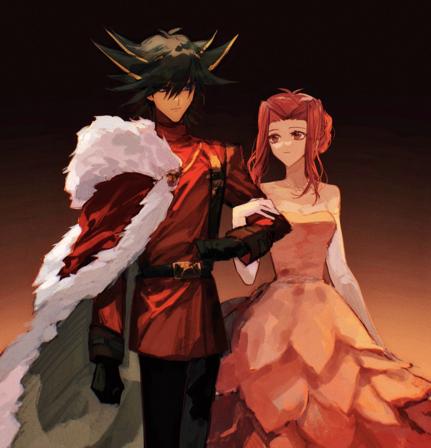 1boy 1girl absurdres alternate_costume black_gloves black_hair black_pants blonde_hair blue_eyes cape closed_mouth collarbone dress elbow_gloves eye_contact fudou_yuusei fur-trimmed_cape fur_trim gloves gradient gradient_background hair_intakes highres izayoi_aki jacket jewelry layered_dress long_dress long_hair long_sleeves looking_at_another multicolored_hair naoki_(2rzmcaizerails6) necklace pants pink_dress red_cape red_eyes red_jacket redhead short_hair_with_long_locks sidelocks spiky_hair strapless strapless_dress streaked_hair white_gloves yu-gi-oh! yu-gi-oh!_5d's