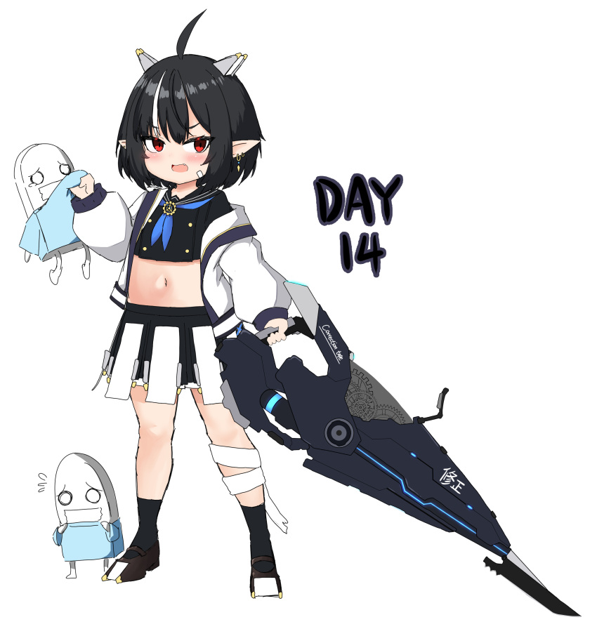 1girl absurdres ahoge bailingxiao_jiu bangs black_footwear black_hair black_legwear black_sailor_collar black_serafuku black_shirt black_skirt blue_neckerchief blush crop_top eyebrows_visible_through_hair highres holding holding_sword holding_weapon jacket long_sleeves midriff multicolored_hair navel neckerchief off_shoulder open_clothes open_jacket open_mouth original pointy_ears puffy_long_sleeves puffy_sleeves red_eyes sailor_collar school_uniform serafuku shirt shoes simple_background skirt socks solo standing streaked_hair sword v-shaped_eyebrows weapon white_background white_hair white_jacket