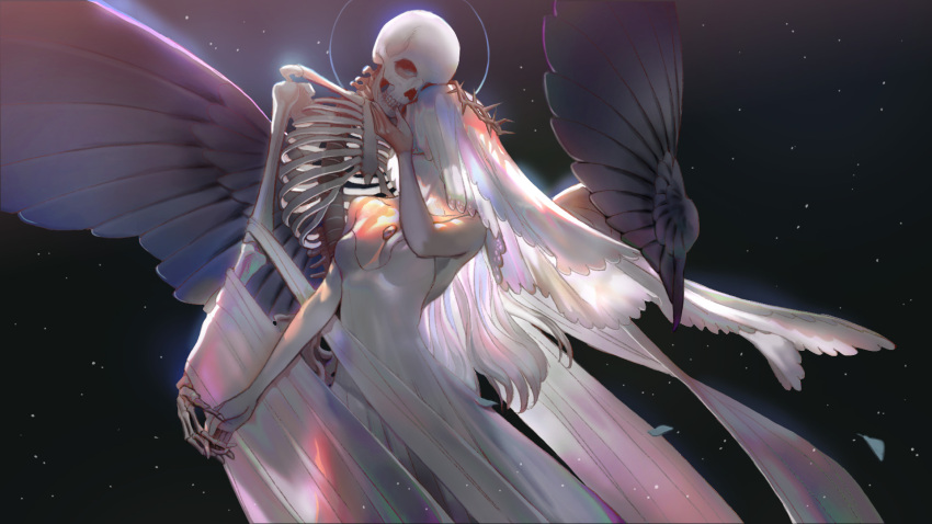 1girl backlighting bare_arms bare_shoulders black_background black_wings breasts covered_eyes cowboy_shot dress english_commentary feathered_wings gem halo hand_up head_wreath highres holding_hands kiss korean_commentary long_hair making-of_available mixed-language_commentary nlmoo original skeleton sky star_(sky) starry_sky strapless strapless_dress thorns veil very_long_hair white_hair wings