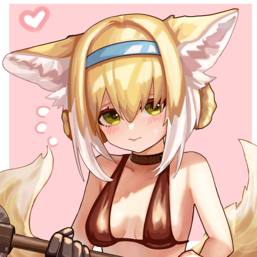 1girl animal_ear_fluff animal_ears arknights bangs bare_shoulders bikini black_gloves blonde_hair blue_hairband blush breasts brown_bikini closed_mouth collarbone commentary_request eyebrows_behind_hair flying_sweatdrops fox_ears fox_girl fox_tail gloves hair_between_eyes hair_intakes hair_rings hairband heart hehehe_(hakwy) holding kitsune looking_at_viewer multicolored_hair pink_background single_glove small_breasts solo suzuran_(arknights) sweat swimsuit tail two-tone_background two-tone_hair white_background white_hair