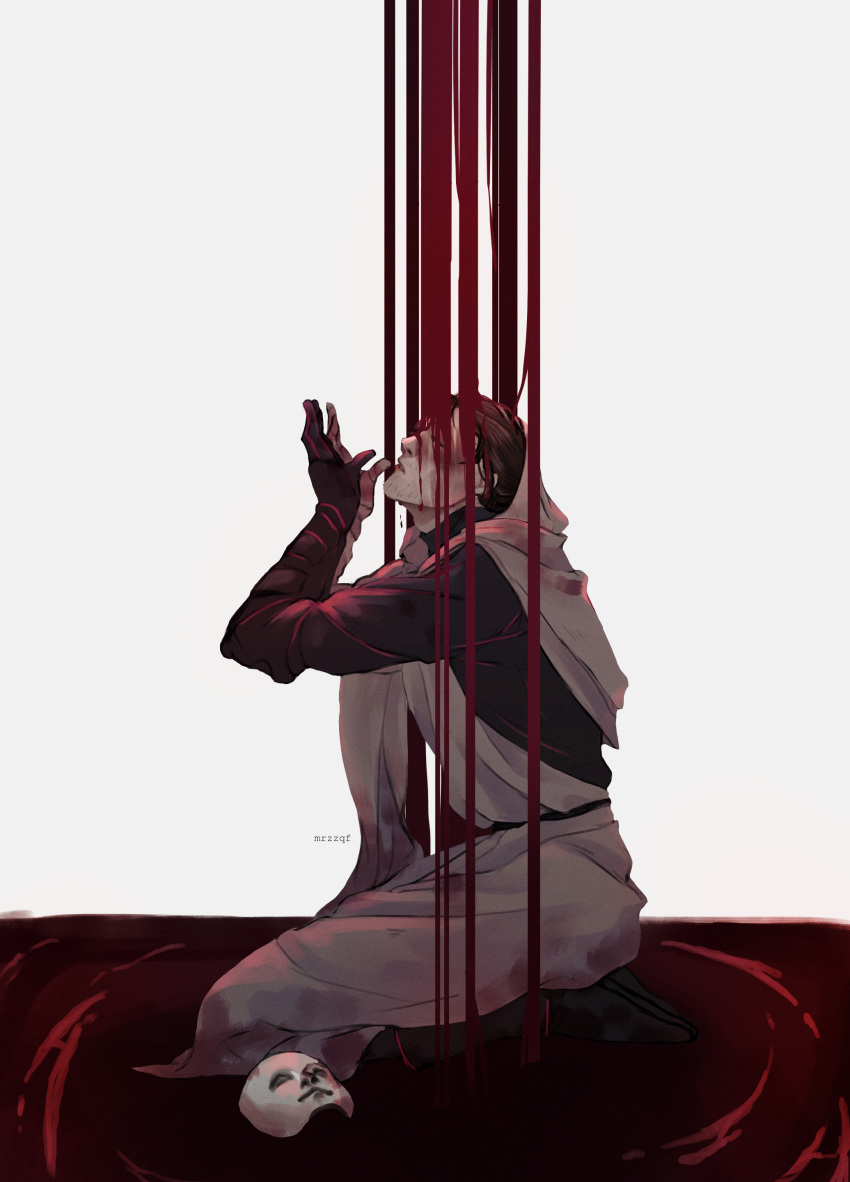 1boy absurdres artist_name blood blood_on_face brown_hair elden_ring from_side gloves hands_up highres kneeling male_focus mask mask_removed mrzzfq pool_of_blood profile single_glove solo spoilers tabard white-faced_varre