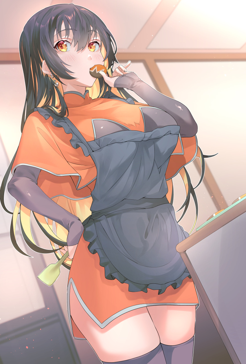 1girl absurdres apron black_apron black_hair black_legwear capelet cookie cowboy_shot cryptocurrency dutch_angle earrings eating food highres holding indoors jewelry long_hair monero-chan multicolored_hair multiple_sources orange_capelet orange_eyes orange_hair orange_skirt original pencil_skirt second-party_source sharekoube side_slit skirt solo spatula table thigh-highs two-tone_hair