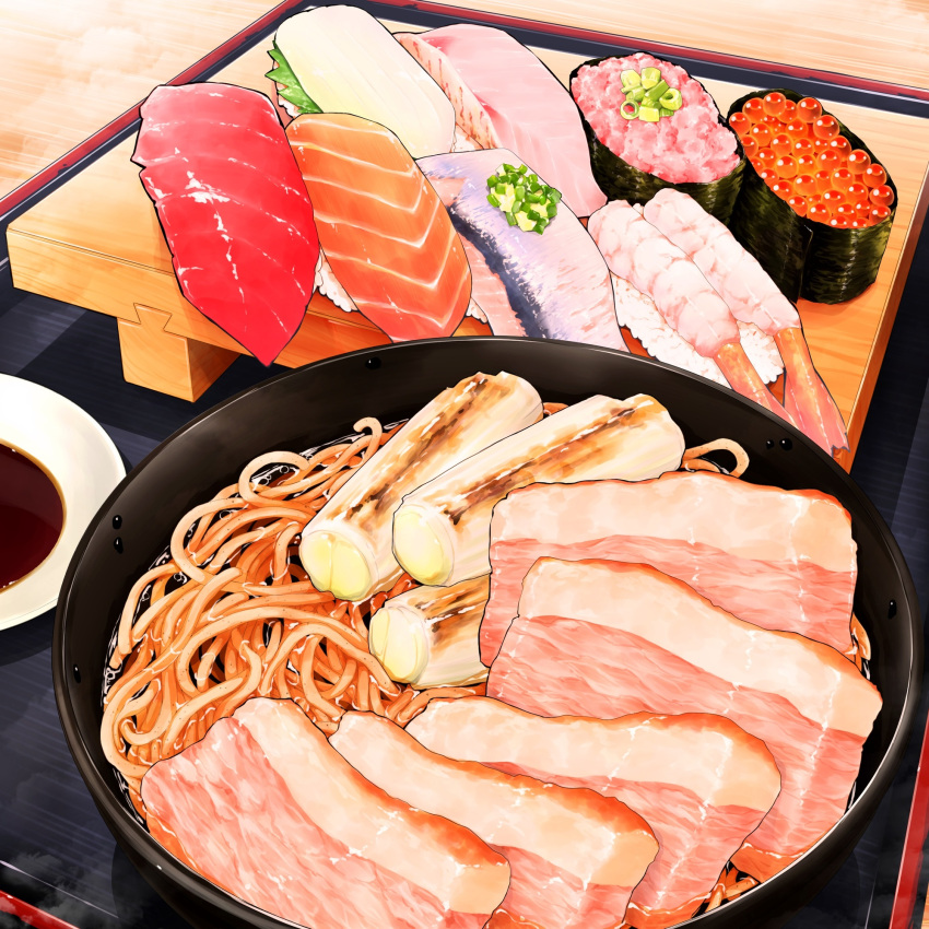 bacon commentary_request conveyor_belt_sushi fish food food_focus frying_pan highres meat no_humans noodles ooranokohaku original rice salmon sauce shrimp sushi tagme tuna