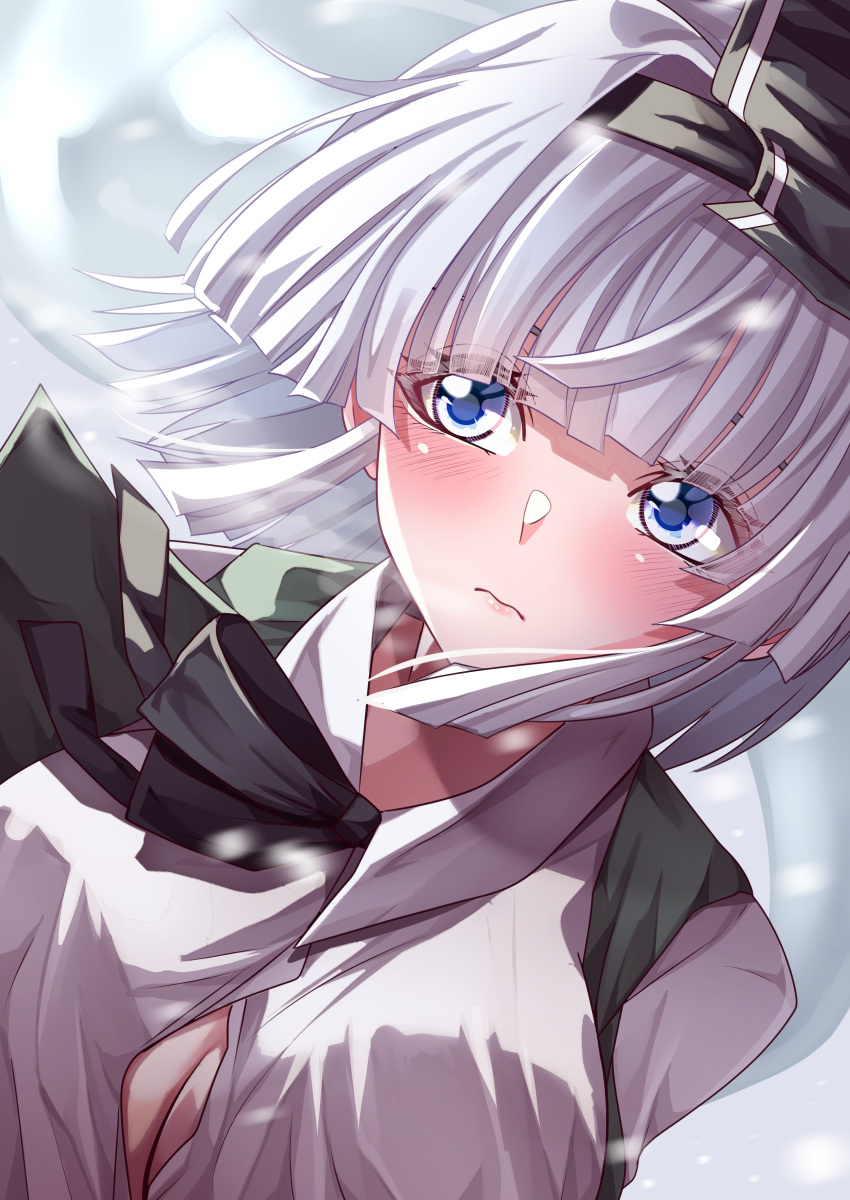 1girl absurdres bangs black_ribbon blue_eyes blunt_bangs blush breasts closed_mouth collared_shirt commentary_request dutch_angle green_vest highres hitodama konpaku_youmu looking_at_viewer maboroshi_mochi medium_breasts neck_ribbon ribbon shirt silver_hair solo touhou upper_body vest white_shirt